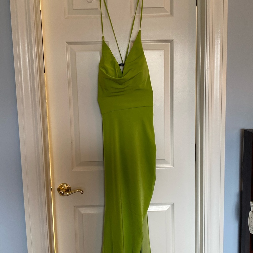 Green cowl neck prom dress